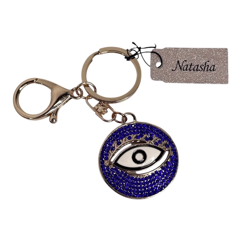 Natasha Evil Eye Handbag Charm Rhinestone Studded Blue Gold Key Chain Ring 4"New
